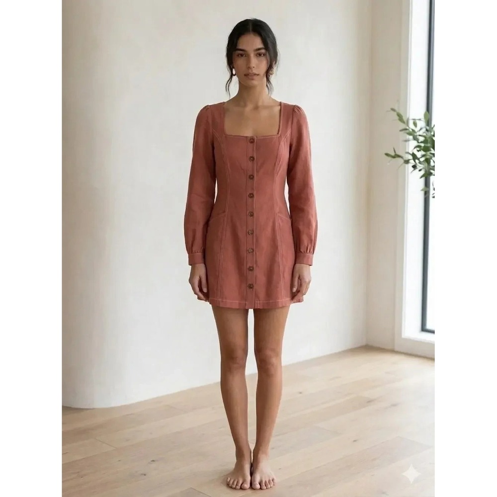 D.ARK Rust Cotton Mini Dress NWT Cottagecore Romantic Puff Sleeve Square Neck L